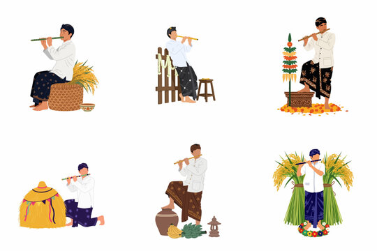 Set of illustrations depicting Indonesian men in traditional attire playing the flute amidst harvest-themed elements.