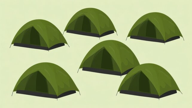 Group of green camping tents illustration for outdoor wilderness adventures and hiking campsite graphic design assets.