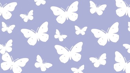 Naklejka premium Seamless repeating pattern of white butterflies on soft pastel lavender background for decorative graphic design prints.