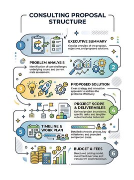 Consulting proposal structure infographic showing business project steps