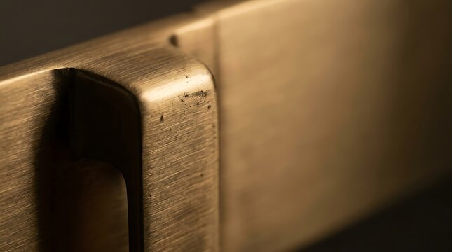 Close up of a brushed brass metal handle with textured finish