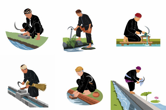 Vector illustration collection of elderly Javanese men in traditional attire sharpening and maintaining sickles near water sources.