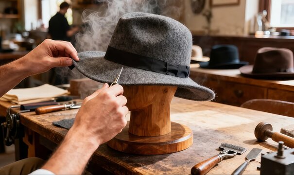 Photorealistic first-person view of a hat maker shaping a premium felt hat with both hands in a traditional workshop.