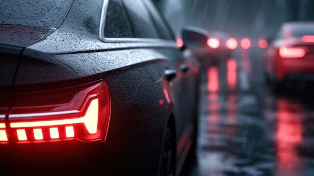 Wet black car rear with illuminated taillights on rainy night street