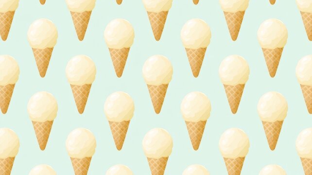 Seamless pattern of vanilla ice cream cones on light mint green background for food design.