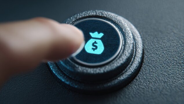 Finger touching a glowing digital button with a money bag icon representing financial technology and digital payments technology investment currency business transaction interaction
