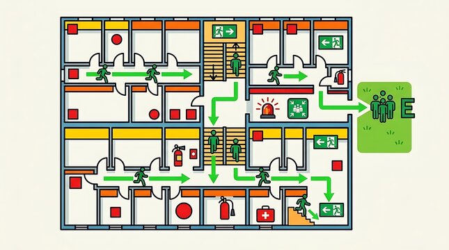 Building emergency evacuation map with exit routes and safety symbols
