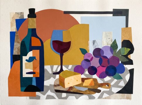 Abstract paper collage illustration featuring red wine bottle and grapes on a table, abstract