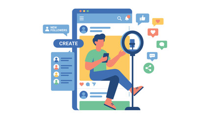 Fototapeta premium Illustration of a person creating social media content on a phone app.
