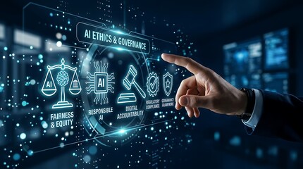 Fototapeta premium Hand Interacting with a High-Tech Holographic Screen Displaying AI Ethics Governance and Digital Accountability Concepts