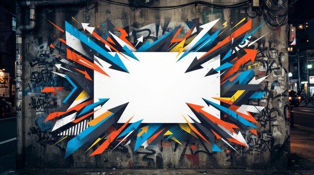 Night time street graffiti mural with central blank white placeholder graffiti colorful lighting
