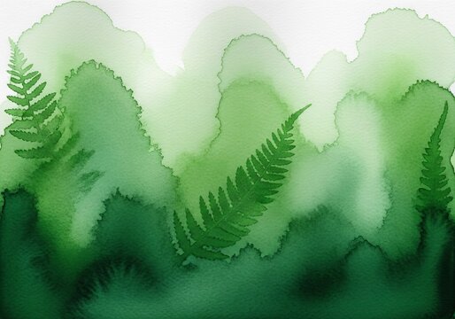 Abstract watercolor background featuring soft wet-on-wet diffusion of deep forest and fern greens, creating a serene and calming eco design, flow, soft, wash
