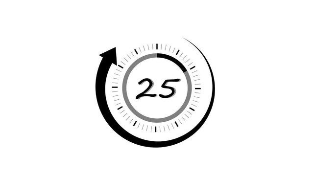 Countdown clock animation timer showing thirty seconds passing by with rotating circular motion graphics on white background for professional video production project edits.