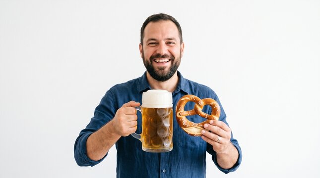 Man holding a large beer mug and a pretzel with a big smile