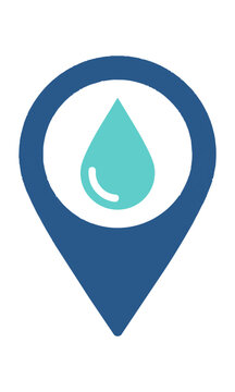 Monoline location pin icon with a stylized water drop emblem on a pure white background. Navigation and environmental concept