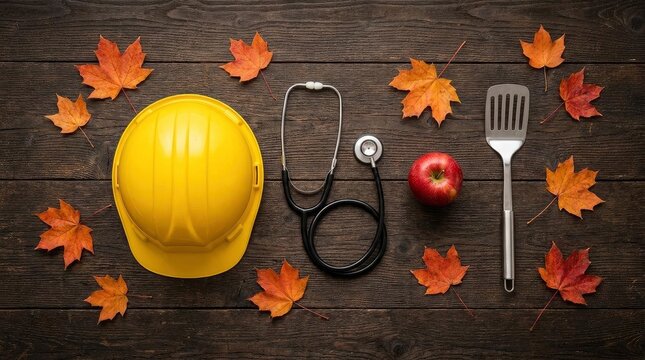 Labor day tools on wooden table.