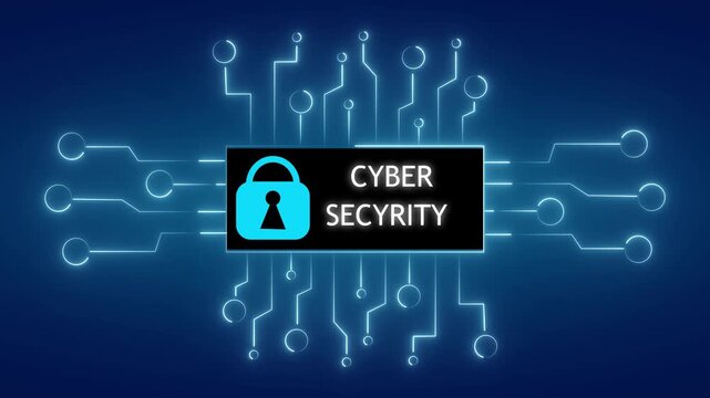 Abstract visual representation of cybersecurity protecting digital information on a dark blue background with glowing circuit board and moving electrons illustrating data flow security.