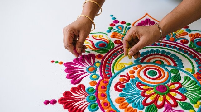 Hands creating colorful rangoli powder art on white background