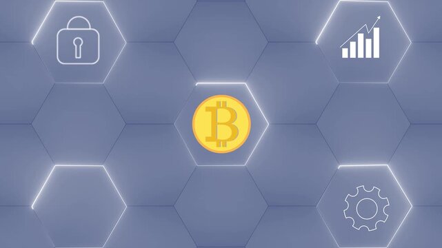 Digital bitcoin cryptocurrency coin glowing in center of hexagonal grid with icons for security growth warning and settings animation.