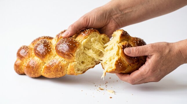 Hands tearing apart a golden brown challah bread topped with sesame seeds