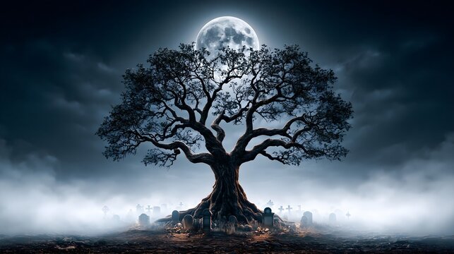 Foggy Ancient Graveyard with Moonlit Tombstones