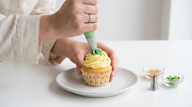 Person decorating a cupcake with green frosting using a piping bag and tip