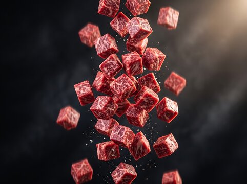 Many falling raw marbled beef cubes on a dark background studio shot.
