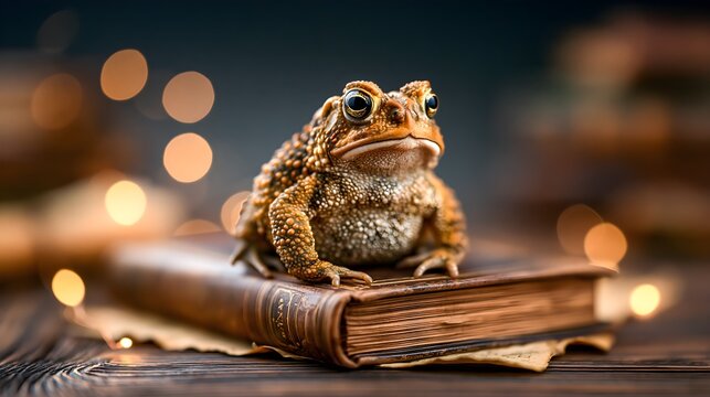 Large Toad Sitting on Ancient Wooden Desk