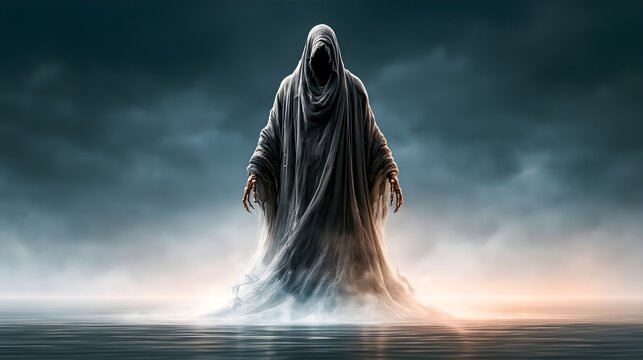 Hooded Wraith Floating Over Misty Dark Lake