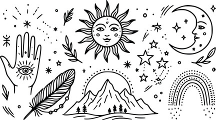 Boho celestial hand drawn set with sun moon stars mountain feather and rainbow elements for mystical magic spiritual and astrology design projects © Arun