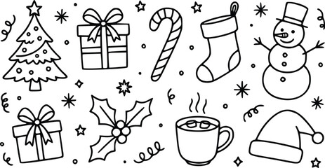 Set of cute hand drawn christmas doodles including tree gift candy cane stocking snowman holly and hot cocoa cup for winter holiday decoration © Arun
