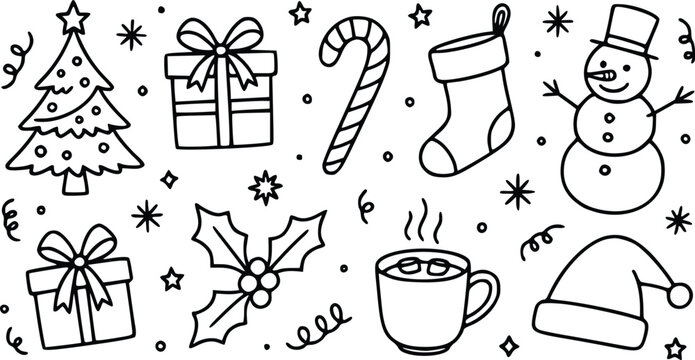 Set of cute hand drawn christmas doodles including tree gift candy cane stocking snowman holly and hot cocoa cup for winter holiday decoration