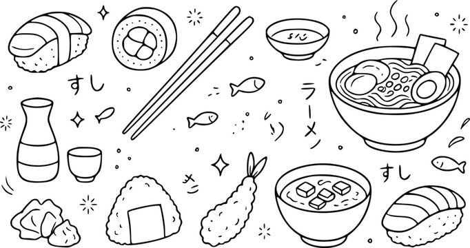 Hand drawn doodle set of traditional japanese food including sushi ramen soup chopsticks and sake isolated on a simple clean sketch style background
