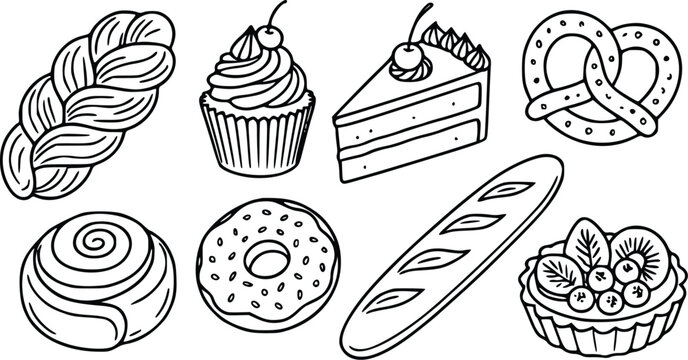 Set of hand drawn doodle bakery items including bread cake cupcake donut and pastry sketches for coloring book page or menu design element