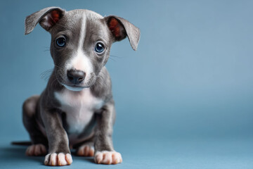 グレー背景でおすわりするかわいいイタリアングレーハウンドの子犬