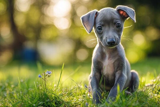 公園の緑の芝生でおすわりするイタリアングレーハウンドの子犬