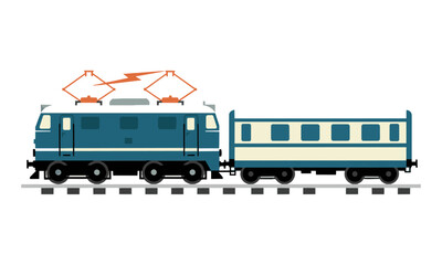 Naklejka premium Vintage electric locomotive and passenger carriage traveling on tracks with a stylized power line connection isolated on a white background transport concept