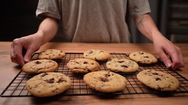 Chocolate chip cookies on a wire cooling rack are placed on a wooden table; close-up, slow motion.