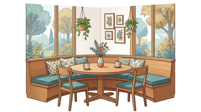 Modern dining nook with wooden banquette and garden view