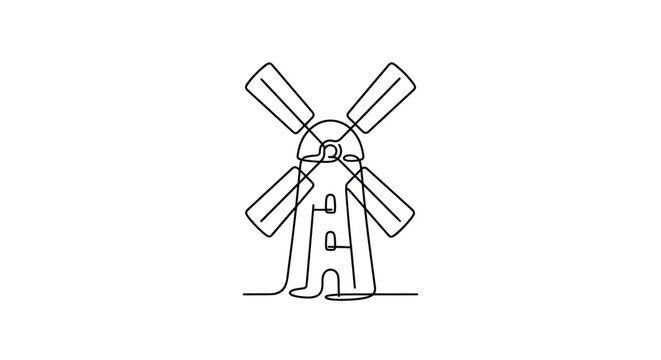 Minimalist single line drawing of a windmill