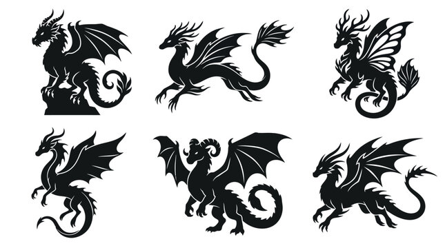 Collection of six black dragon silhouette icons.