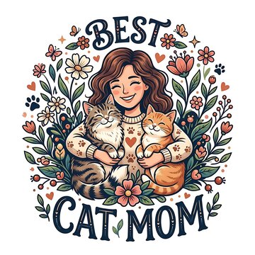 Smiling woman holding two cute cats surrounded by floral design