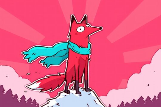 Cartoon fox, summit view, scarf, sunrise, mountains, winter, illustration, digital art, whimsical