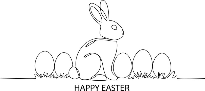 Continuous one line drawing of a cute easter bunny with decorated eggs