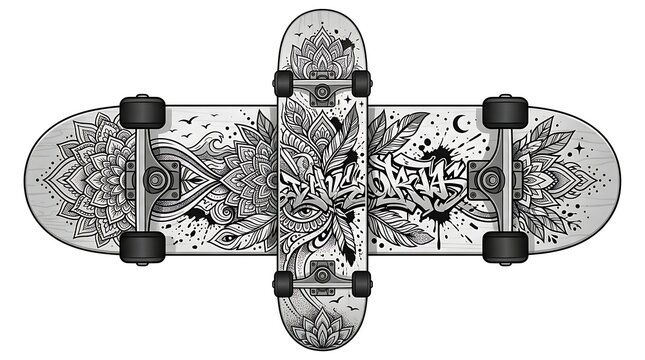 Two skateboards with intricate black ink mandala and graffiti art