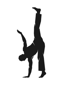 vector Silhouette of a person performing a dynamic capoeira move with one arm on the ground and legs extended in the air on transparent background