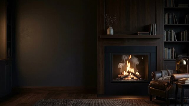 Elegant dark living room interior featuring a warm fireplace and leather armchair beside a wooden bookshelf.