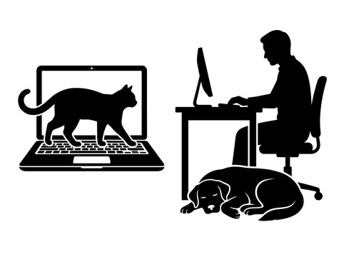 vector Silhouette of a man working on a laptop with a cat on the keyboard and a dog resting nearby, illustrating remote work distractions on transparent background