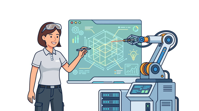 Innovative Female Engineer with Robotic Arm Designing Complex 3D Model on Futuristic Interface, Concept for AI Collaboration, Engineering Design and Future Technology