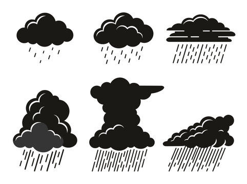 vector Collection of stylized dark storm clouds with heavy rain falling, representing different weather conditions and atmospheric phenomena on transparent background